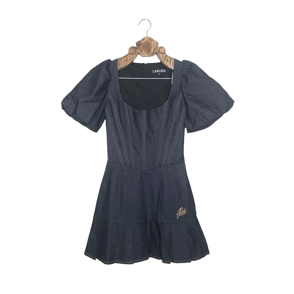 I AM GIA Dress Puff Sleeve Corset Bodice Pleated Skirt Embroidered Blue Denim S